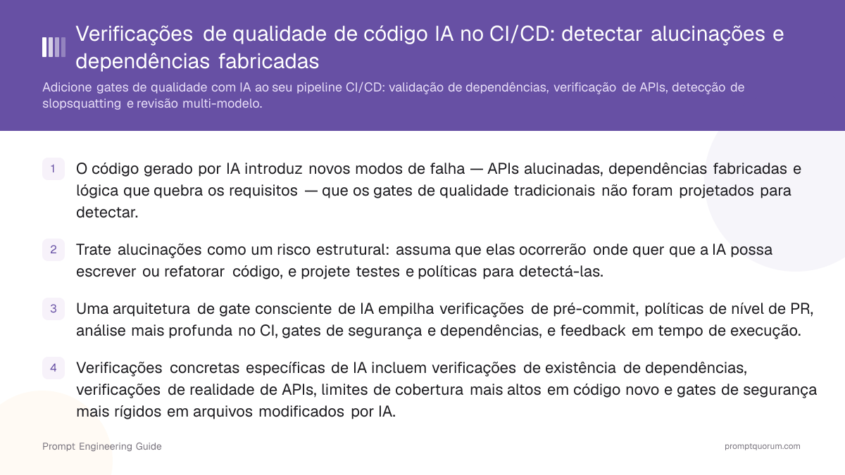 Verificações de qualidade de código IA no CI/CD: detectar alucinações e dependências fabricadas
