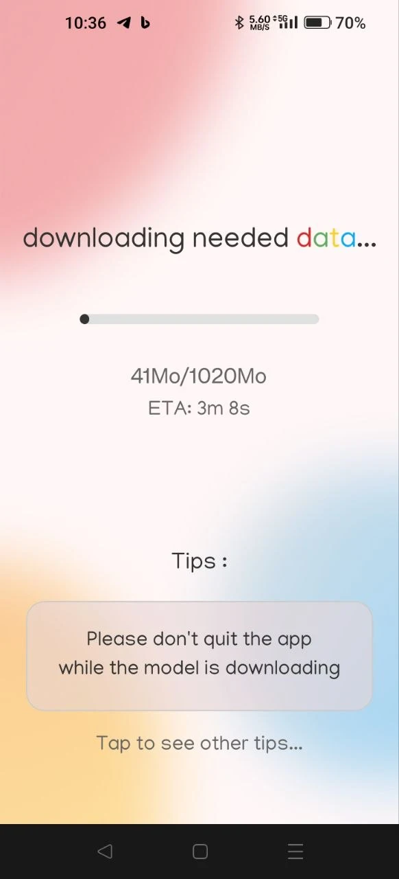 Android screen reading 'downloading needed data', 41 Mo of 1020 Mo, ETA 3 minutes 8 seconds, with a tip box