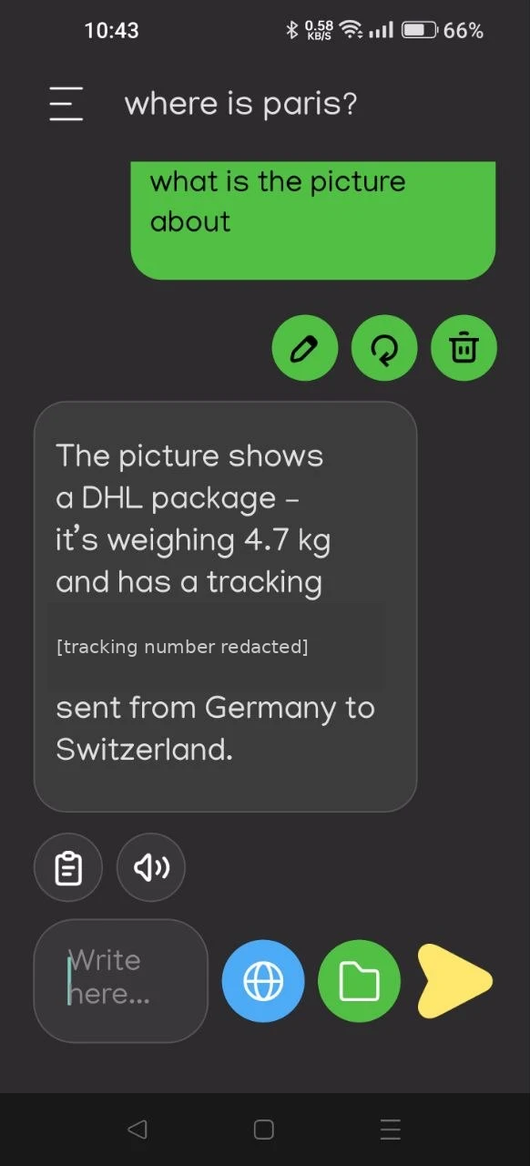Dark-theme chat: the app describes a DHL package of 4.7 kg sent from Germany to Switzerland; tracking number redacted
