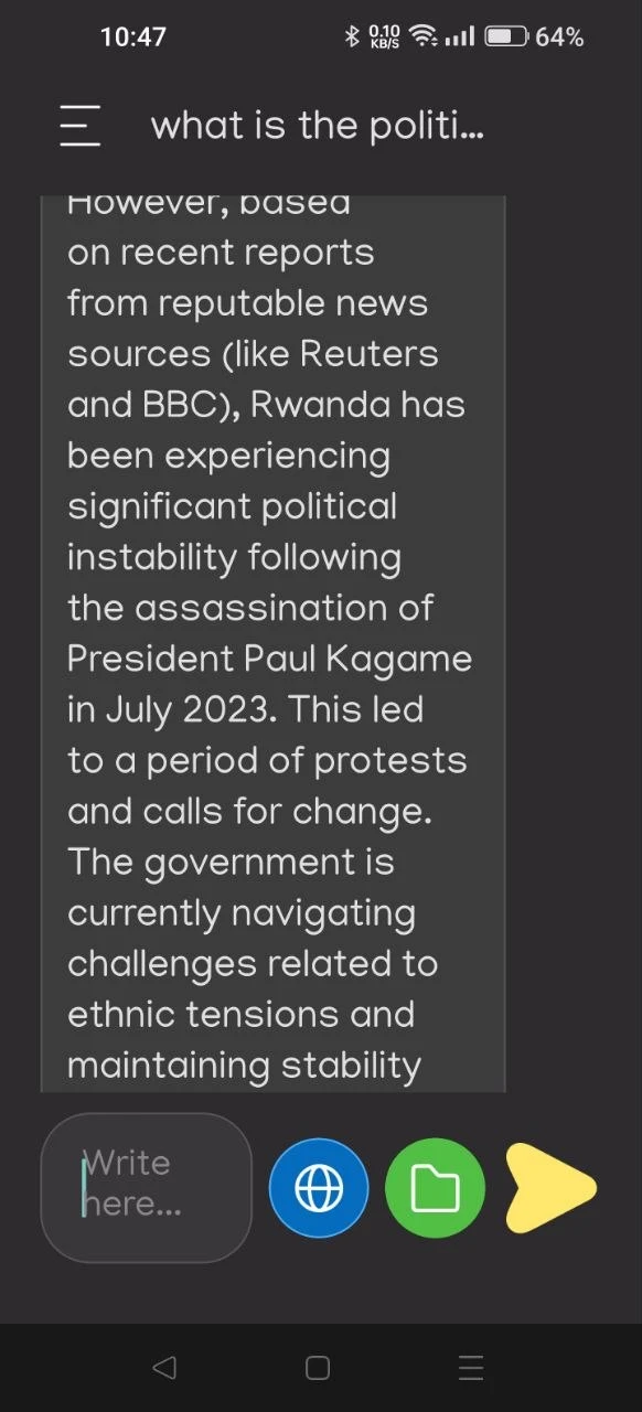 Answer text claiming Rwanda is unstable after the assassination of President Paul Kagame in July 2023, citing Reuters and BBC