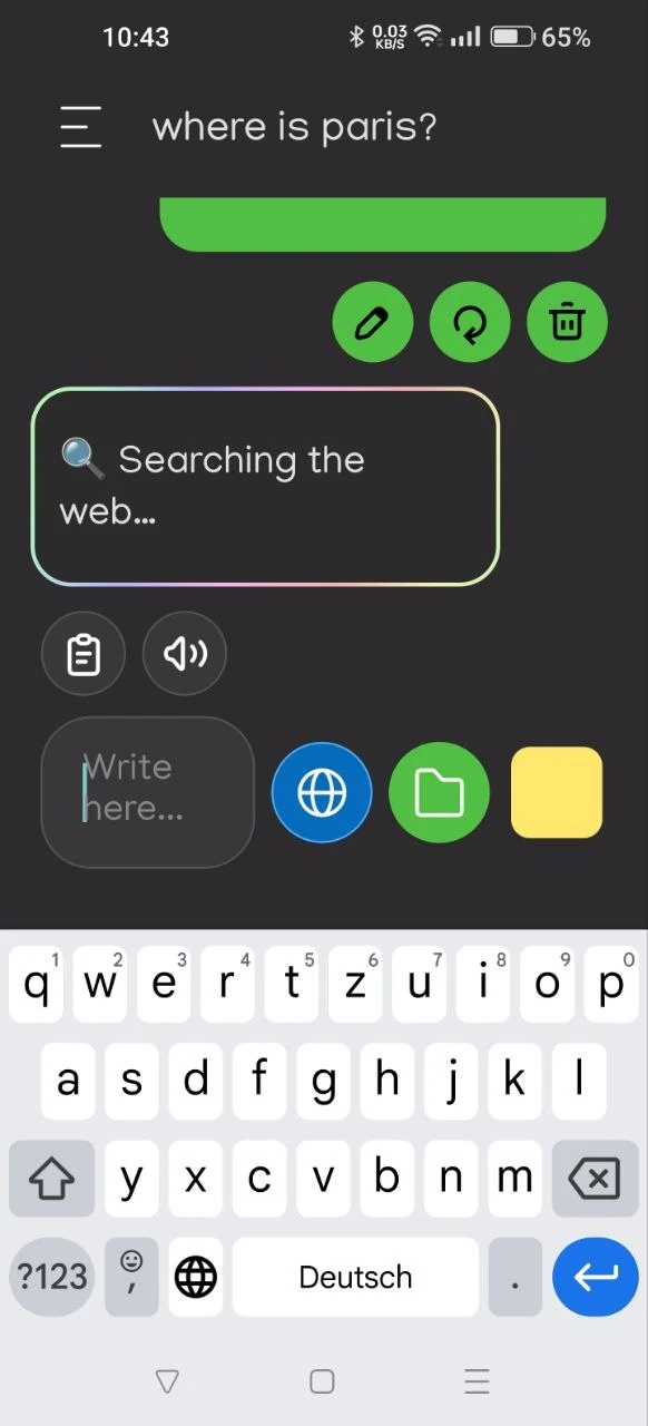 Dark-theme chat showing 'Searching the web...' in a rainbow-bordered box, darker blue globe button and yellow stop square
