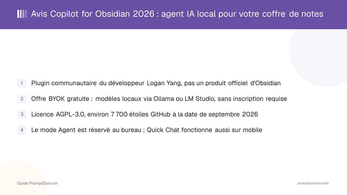 Avis Copilot for Obsidian 2026 : agent IA local pour votre coffre de notes