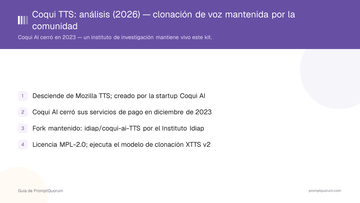 Coqui TTS: análisis (2026) — el kit de clonación de voz mantenido por la comunidad