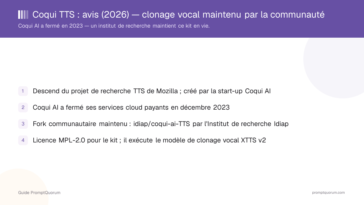 Coqui TTS : avis (2026) — le kit de clonage vocal maintenu par la communauté