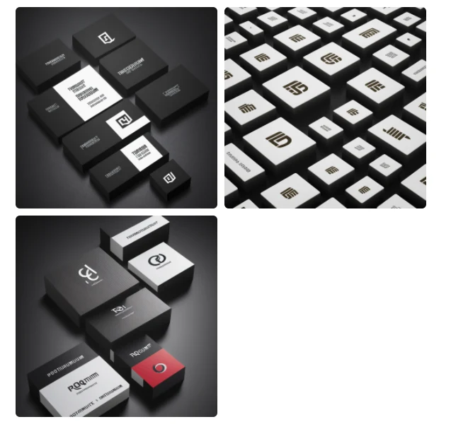 Three generated pictures of black and white boxes and cards with garbled lettering, returned for a long brand-logo prompt in DiffusionBee.