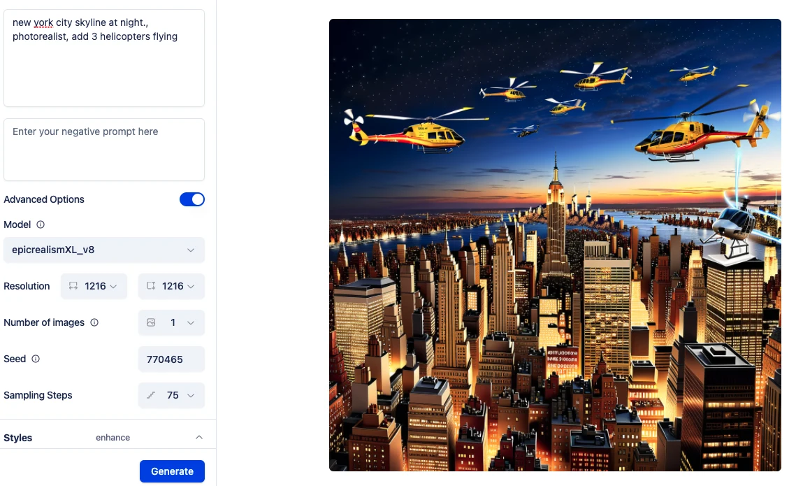 Generated night skyline of New York with yellow helicopters in the sky, from the epicrealismXL_v8 model at 75 sampling steps.
