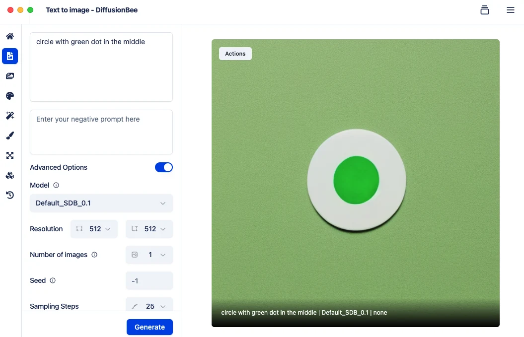 DiffusionBee Text to image screen with the prompt 'circle with green dot in the middle' and a white disc with a green centre on a green background.