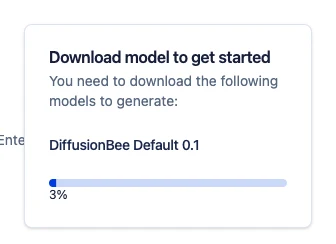 DiffusionBee dialog 'Download model to get started' for DiffusionBee Default 0.1 with a progress bar at 3 percent and no size or time estimate.
