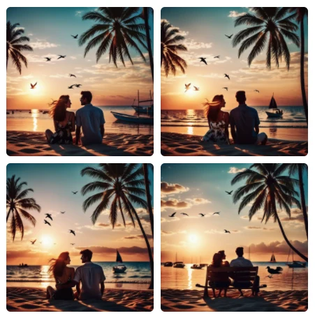 Four generated beach scenes of a couple at sunset with palms, birds and boats, produced with the 'generate similar images' function.