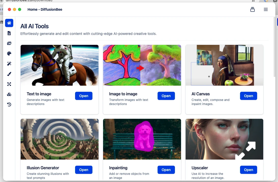 DiffusionBee home screen 'All AI Tools' with cards for Text to image, Image to image, AI Canvas, Illusion Generator, Inpainting and Upscaler.