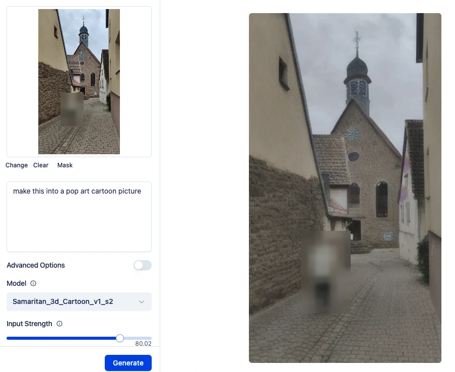 DiffusionBee image-to-image with a street photo, the prompt 'make this into a pop art cartoon picture' and a result that looks almost unchanged.