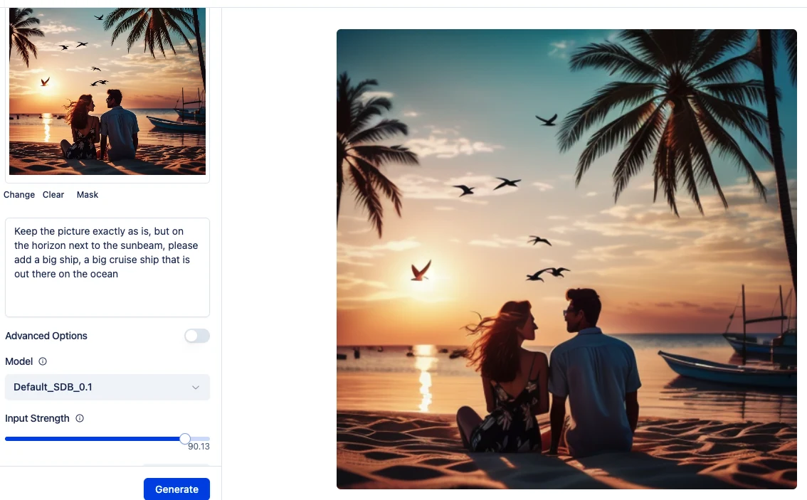 DiffusionBee image-to-image at Input Strength 90.13 returning the beach couple picture almost unchanged, without a cruise ship.