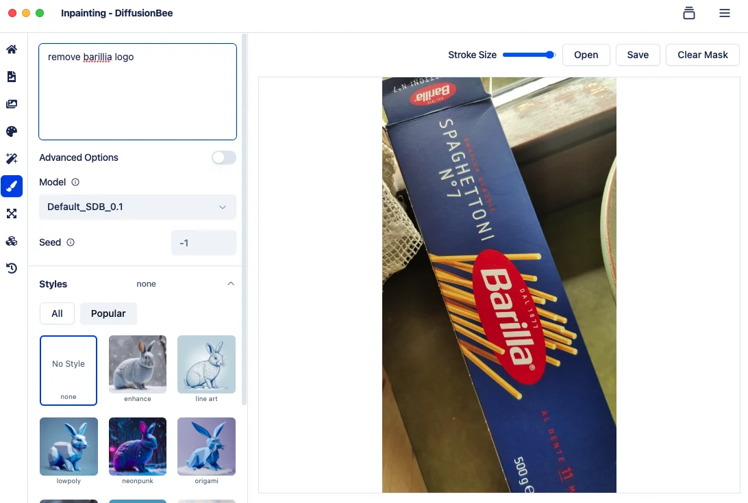DiffusionBee Inpainting screen with the prompt 'remove barillia logo' above a photo of a pasta box with a red oval logo.