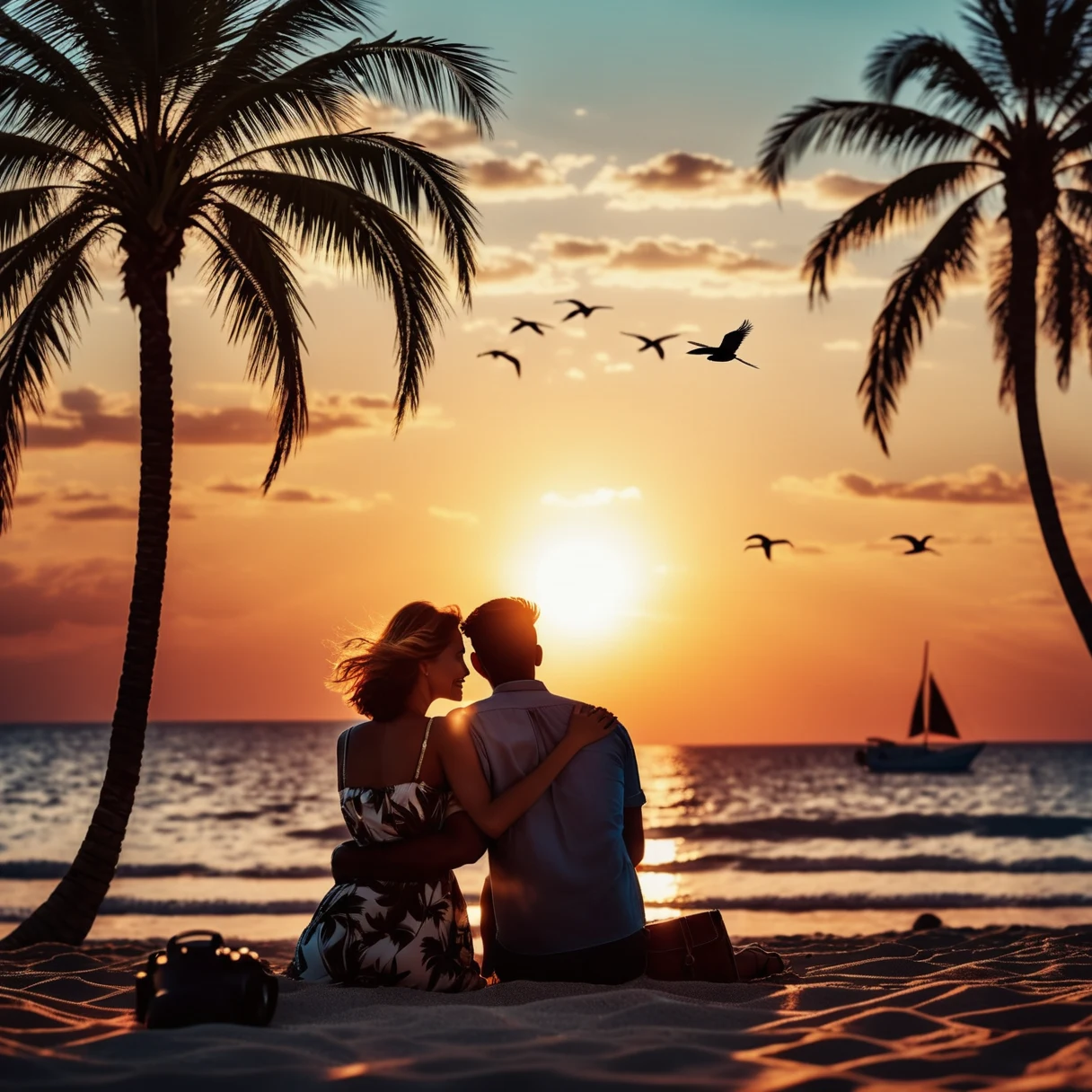 Generated photo-style image of a couple sitting on a beach at sunset with two palm trees, birds, a sailboat and a camera on the sand.