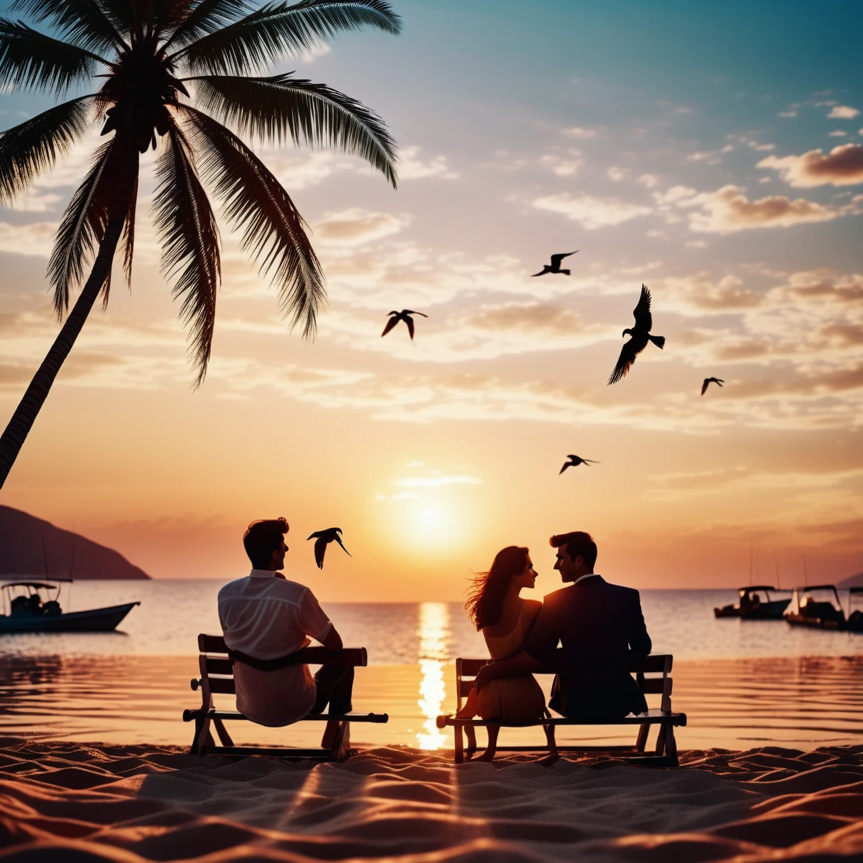 Generated photo-style image of three people on beach benches at sunset with a palm tree, birds and several boats on the water.
