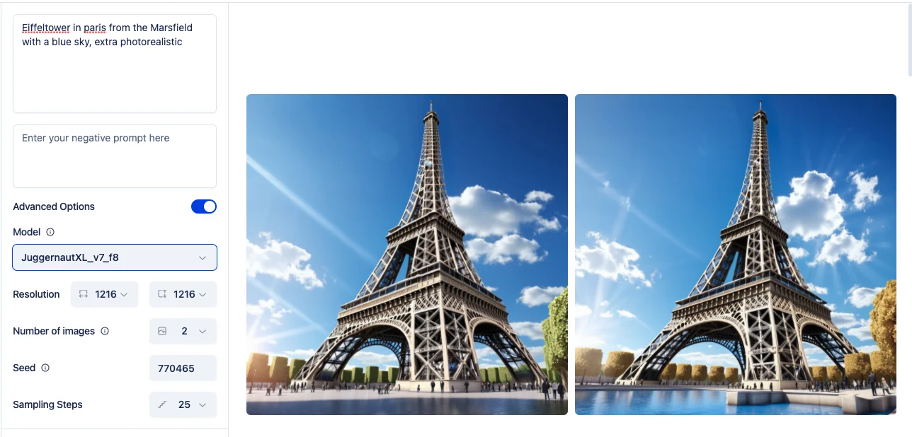 Two generated photos of the Eiffel Tower seen from below against a blue sky with trees and a pond, nearly identical to each other.