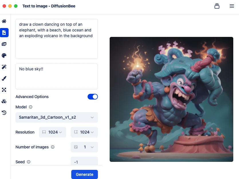 DiffusionBee with a long clown, beach and volcano prompt and the negative prompt 'No blue sky!!', producing a blue monster-like figure with fiery sparks.