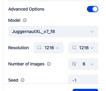 DiffusionBee settings panel: model JuggernautXL_v7_f8, resolution 1216 by 1216, number of images 6, seed -1.