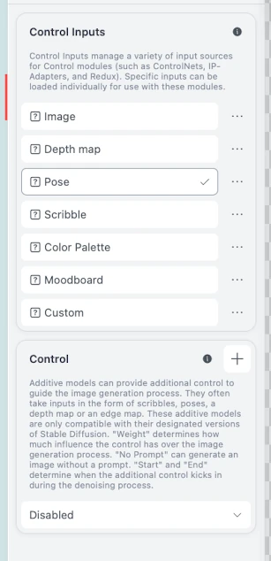 لوحة ⁦Control Inputs⁩ في ⁦Draw Things⁩ تسرد ⁦Image⁩ و⁦Depth map⁩ و⁦Pose⁩ و⁦Scribble⁩ و⁦Color Palette⁩ و⁦Moodboard⁩ و⁦Custom⁩، إضافة إلى قسم ⁦Control⁩ مضبوط على ⁦Disabled⁩.