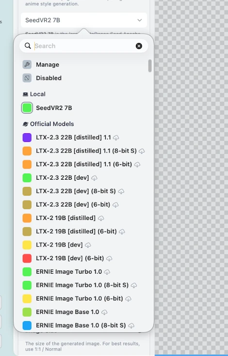 قائمة النماذج المنسدلة في ⁦Draw Things⁩ تعرض ⁦SeedVR2 7B⁩ المحلي ونماذج ⁦LTX-2.3⁩ و⁦LTX-2⁩ و⁦ERNIE Image⁩ الرسمية مع أيقونات تنزيل.