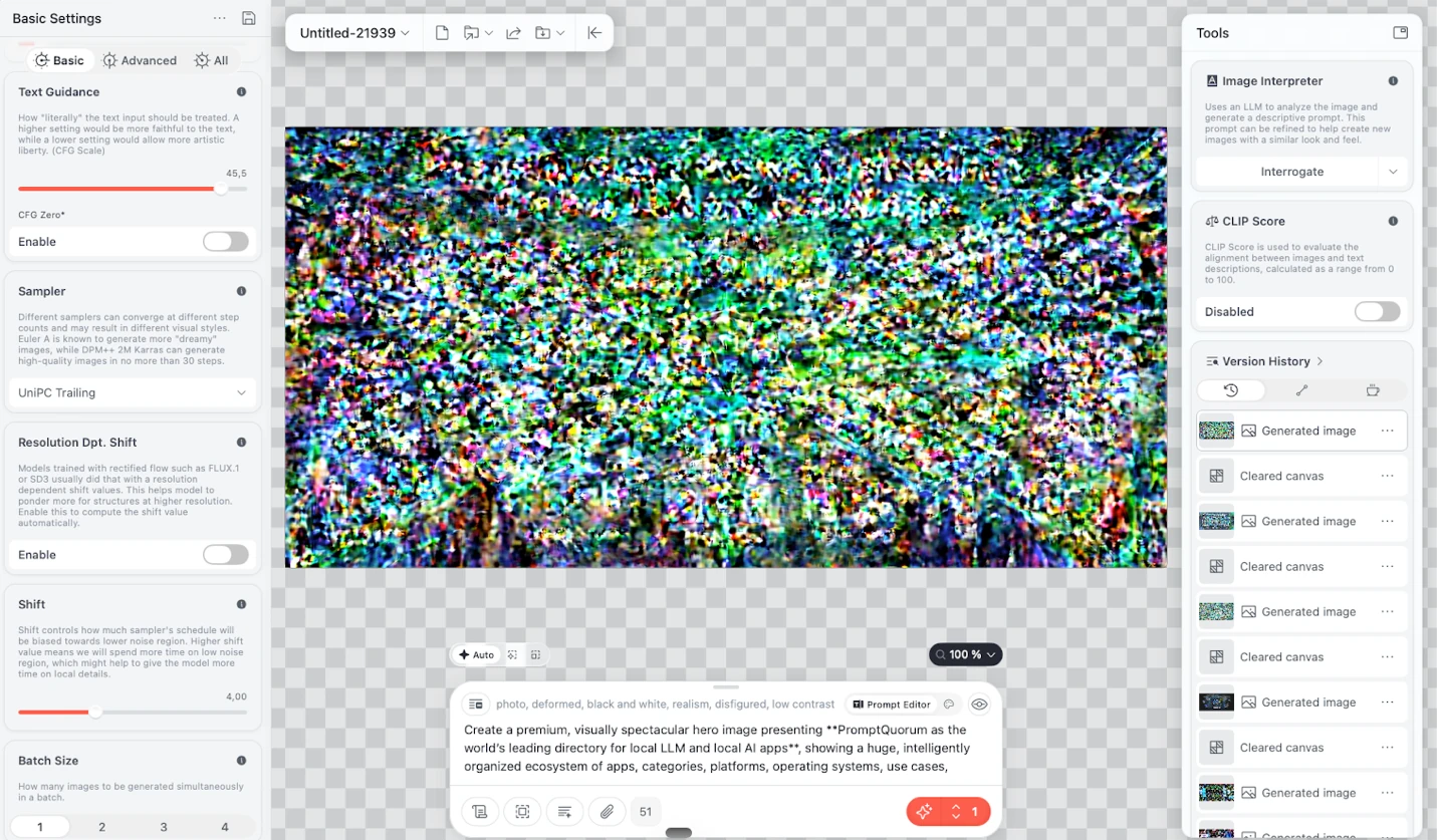 لوحة ⁦Draw Things⁩ ممتلئة بضجيج متعدد الألوان بعد تغيير إعدادات التوليد، ومنزلق ⁦text guidance⁩ عند ⁦45.5⁩.