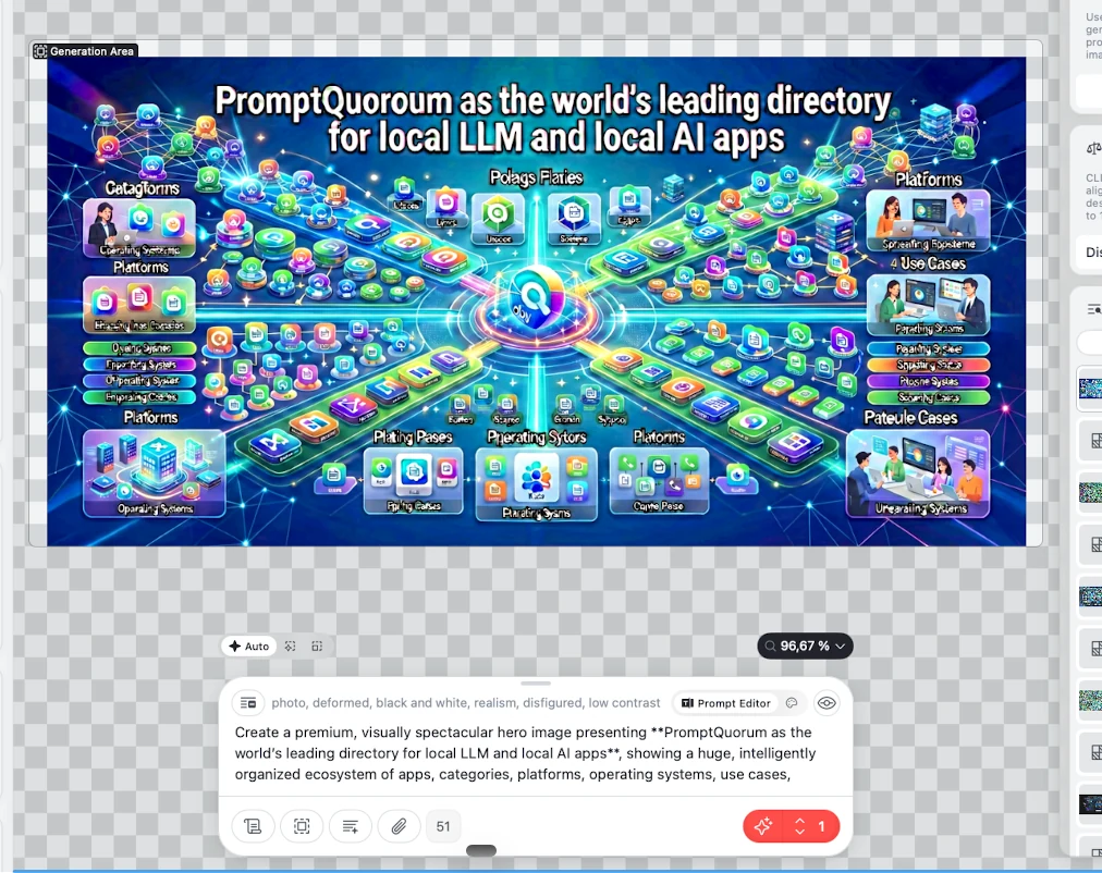 صورة رئيسية مولَّدة بعنوان '⁦PromptQuorum as the world⁩'⁦s leading directory for local LLM and local AI apps⁩' وتسميات فرعية مشوّشة.