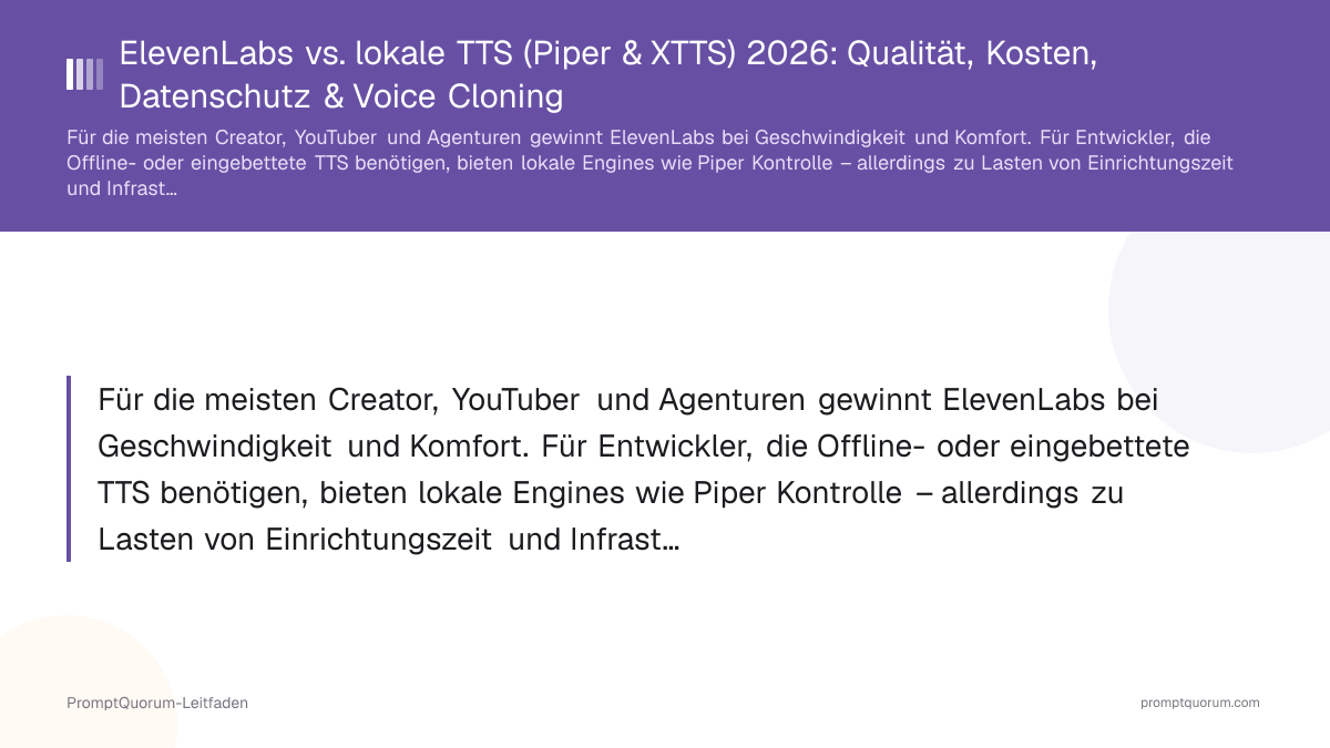 ElevenLabs vs. lokale TTS (Piper & XTTS) 2026: Qualität, Kosten, Datenschutz & Voice Cloning