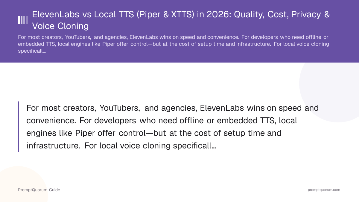 ElevenLabs vs Local TTS (Piper & XTTS) in 2026: Quality, Cost, Privacy & Voice Cloning