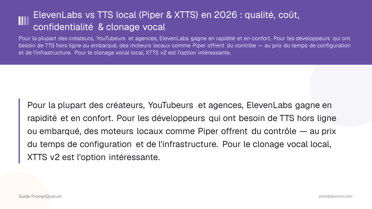 ElevenLabs vs TTS local (Piper & XTTS) en 2026 : qualité, coût, confidentialité & clonage vocal