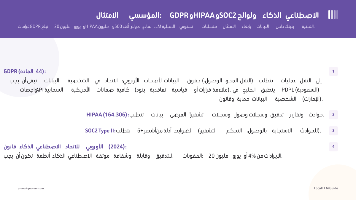 الامتثال المؤسسي: GDPR وHIPAA وSOC2 ولوائح الذكاء الاصطناعي