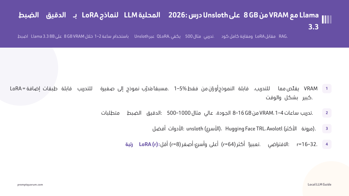 الضبط الدقيق بـ LoRA لنماذج LLM المحلية 2026: درس Unsloth على 8 GB من VRAM مع Llama 3.3