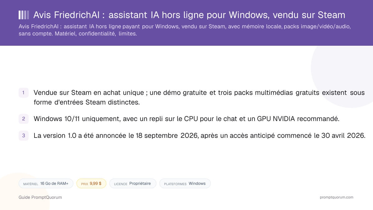 Avis FriedrichAI : assistant IA hors ligne pour Windows, vendu sur Steam
