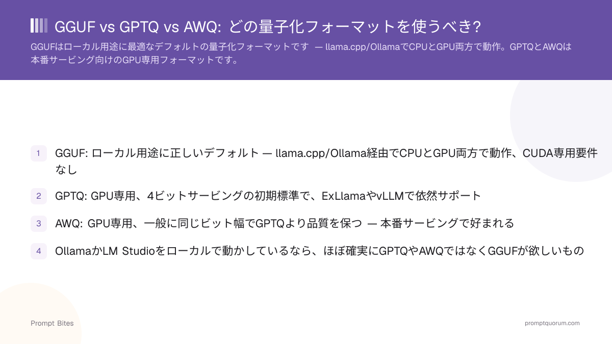 GGUF vs GPTQ vs AWQ: どの量子化フォーマットを使うべき?