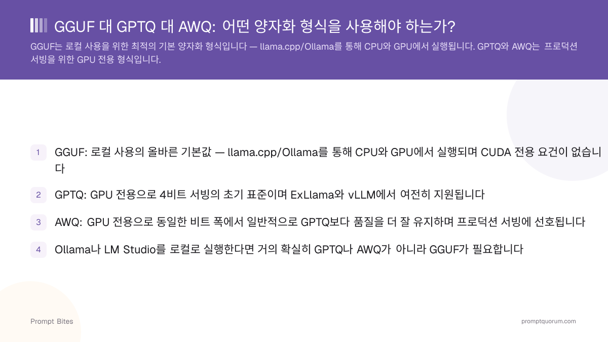 GGUF 대 GPTQ 대 AWQ: 어떤 양자화 형식을 사용해야 하는가?