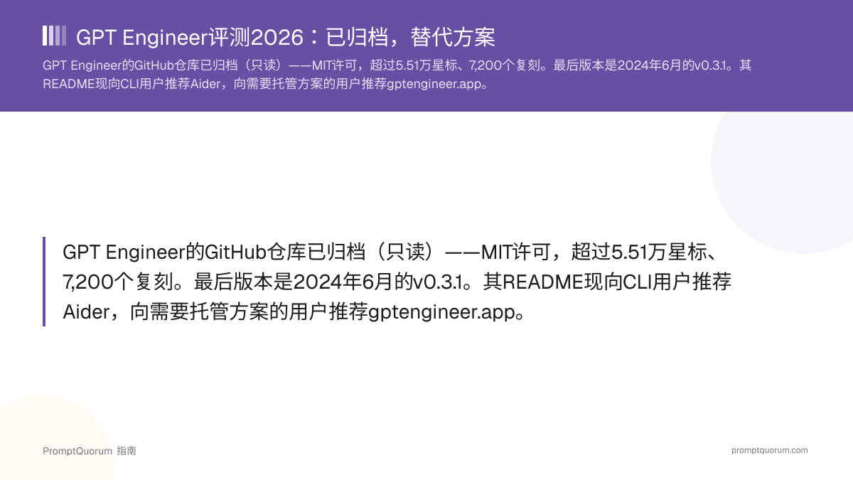 GPT Engineer评测2026:已归档,替代方案