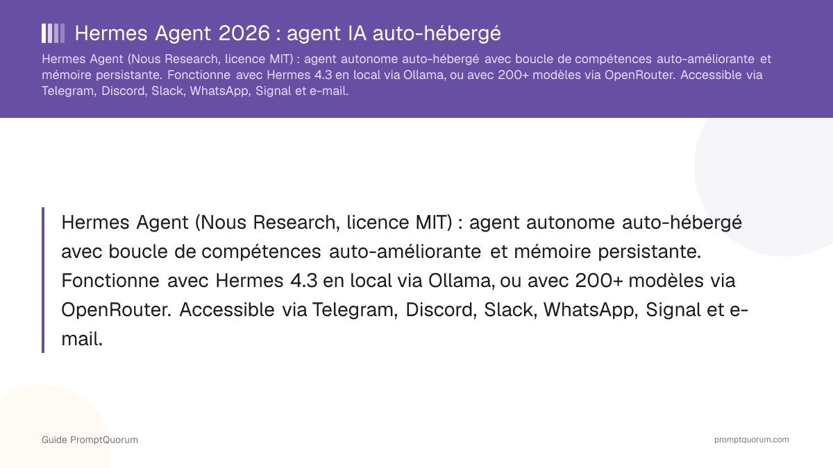 Hermes Agent 2026 : agent IA auto-hébergé