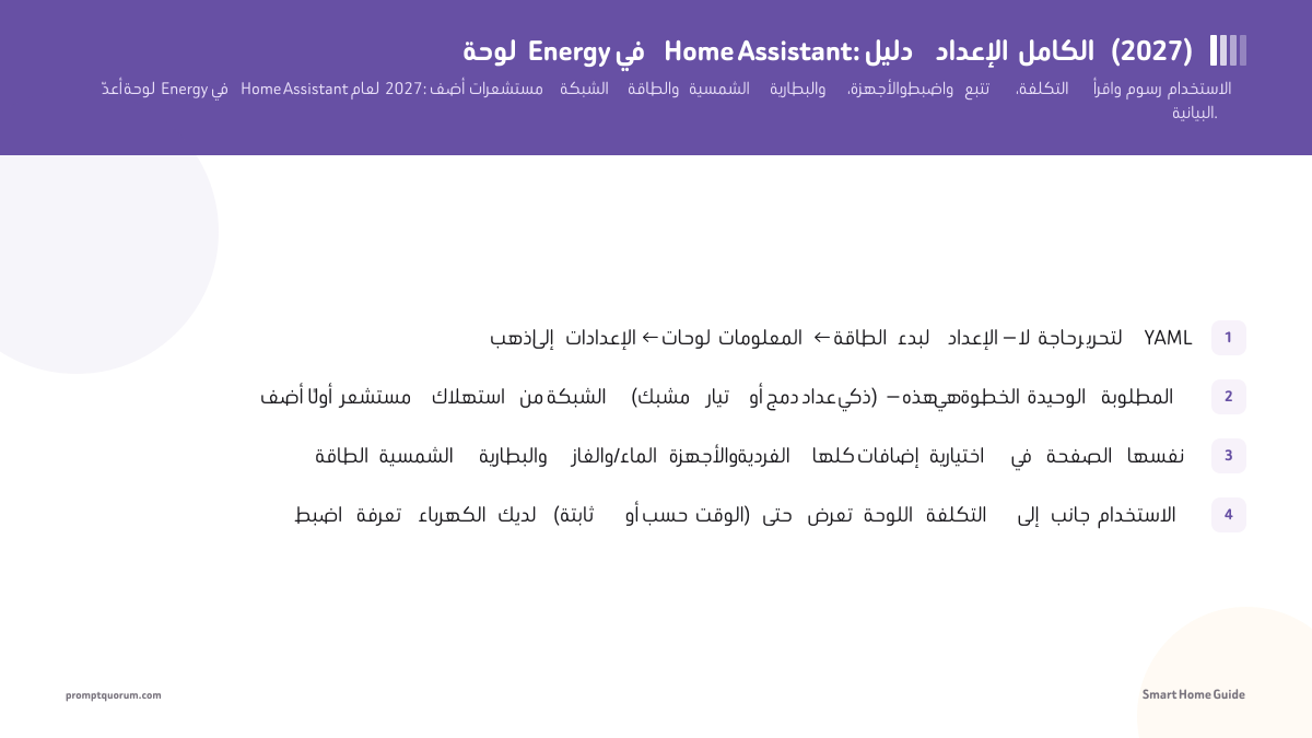 لوحة Energy في Home Assistant: دليل الإعداد الكامل (2026)