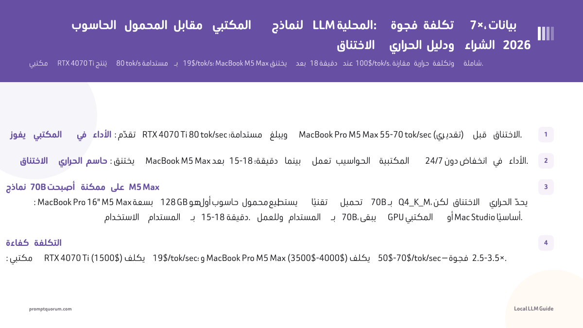 الحاسوب المحمول مقابل المكتبي لنماذج LLM المحلية: فجوة تكلفة 7×، بيانات الاختناق الحراري ودليل الشراء 2026