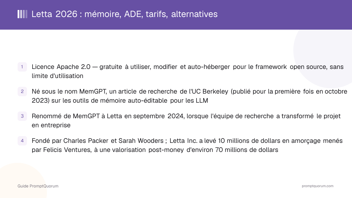 Letta 2026 : mémoire, ADE, tarifs, alternatives
