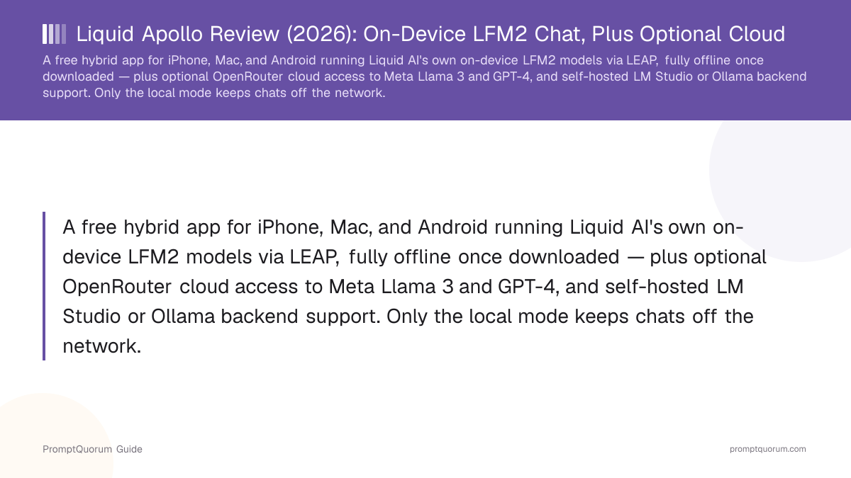 Liquid Apollo Review (2026): On-Device LFM2 Chat, Plus Optional Cloud