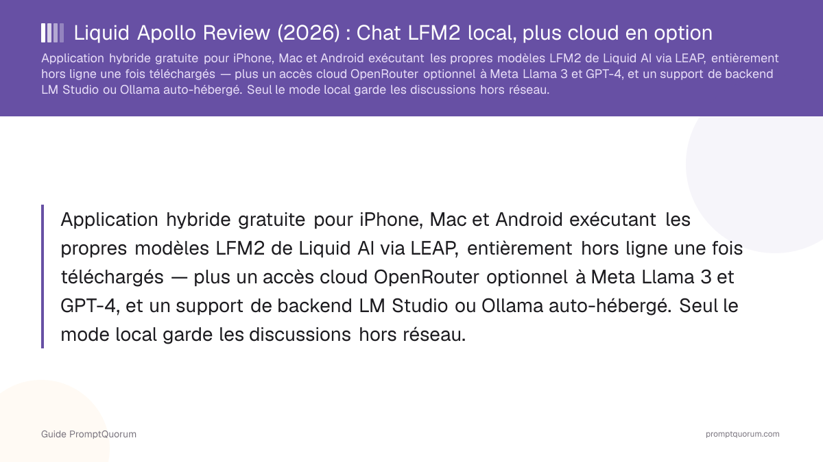 Liquid Apollo Review (2026) : Chat LFM2 local, plus cloud en option
