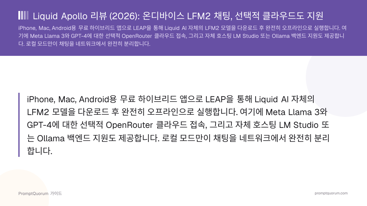 Liquid Apollo 리뷰 (2026): 온디바이스 LFM2 채팅, 선택적 클라우드도 지원