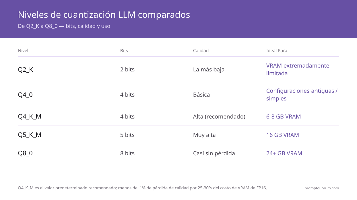 Niveles de cuantización comparados: de Q2_K (mayor compresión) a Q8_0 (mayor calidad). Q4_K_M es el estándar recomendado para la mayoría de usuarios.