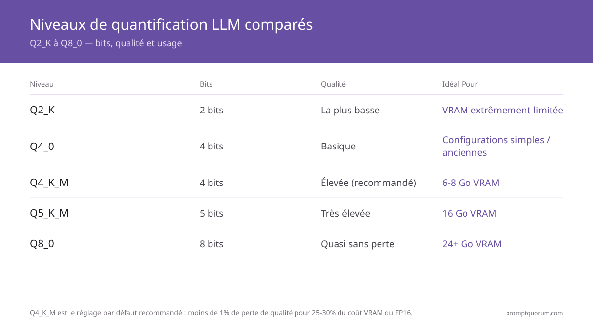 Niveaux de quantification comparés : de Q2_K (compression maximale) à Q8_0 (qualité maximale). Q4_K_M est la norme recommandée pour la plupart des utilisateurs.
