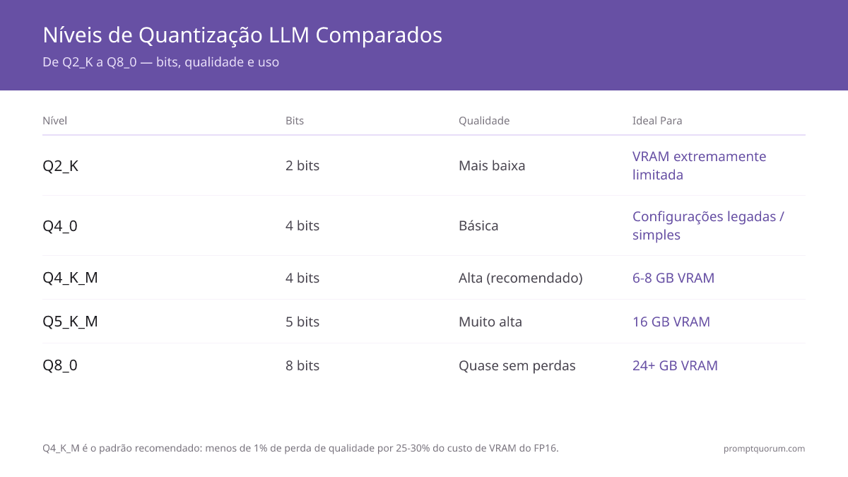 Níveis de quantização comparados: de Q2_K (maior compressão) a Q8_0 (maior qualidade). Q4_K_M é o padrão recomendado para a maioria dos usuários.