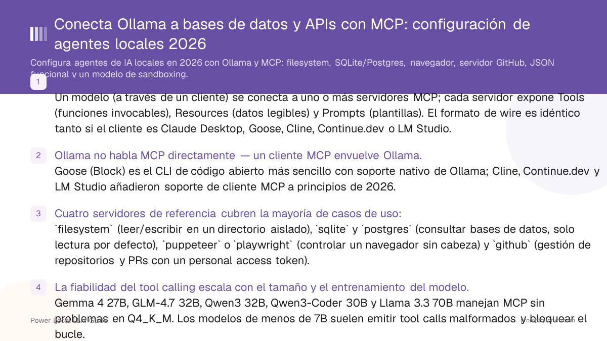 Conecta Ollama a bases de datos y APIs con MCP: configuración de agentes locales 2026