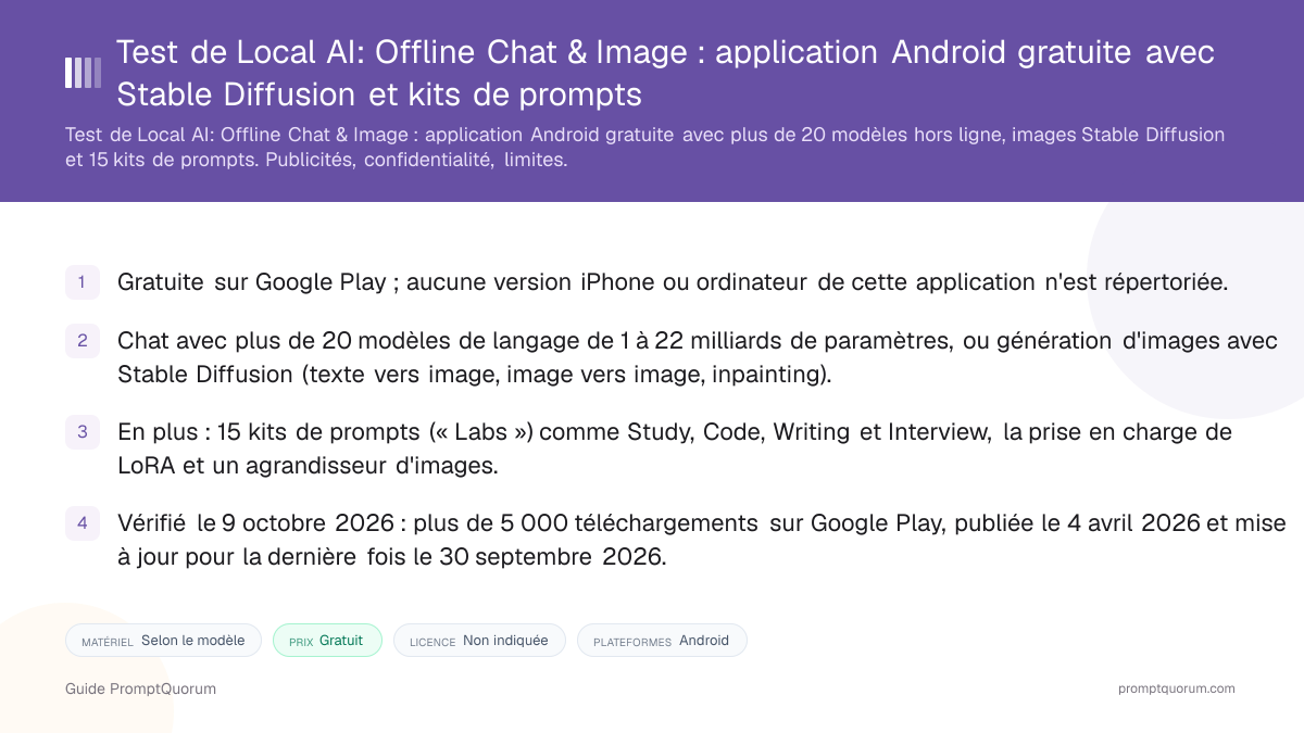 Test de Local AI: Offline Chat & Image : application Android gratuite avec Stable Diffusion et kits de prompts
