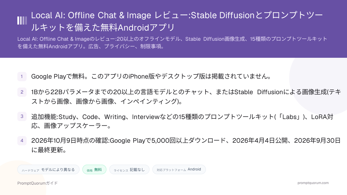 Local AI: Offline Chat & Image レビュー:Stable Diffusionとプロンプトツールキットを備えた無料Androidアプリ