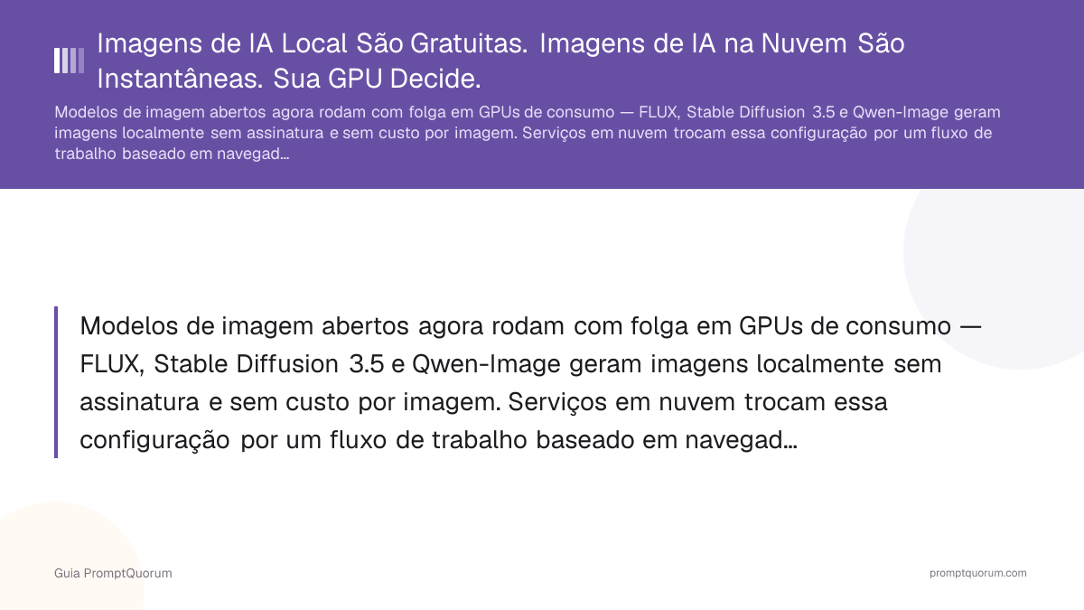 Imagens de IA Local São Gratuitas. Imagens de IA na Nuvem São Instantâneas. Sua GPU Decide.