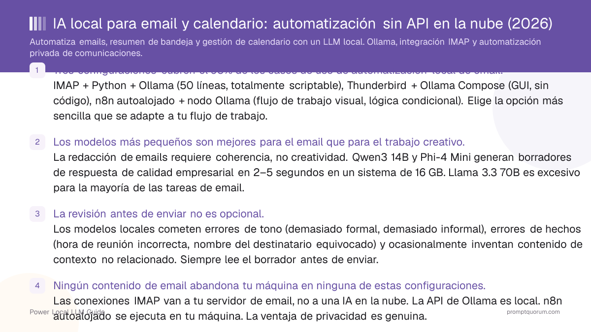 IA local para email y calendario: automatización sin API en la nube (2026)